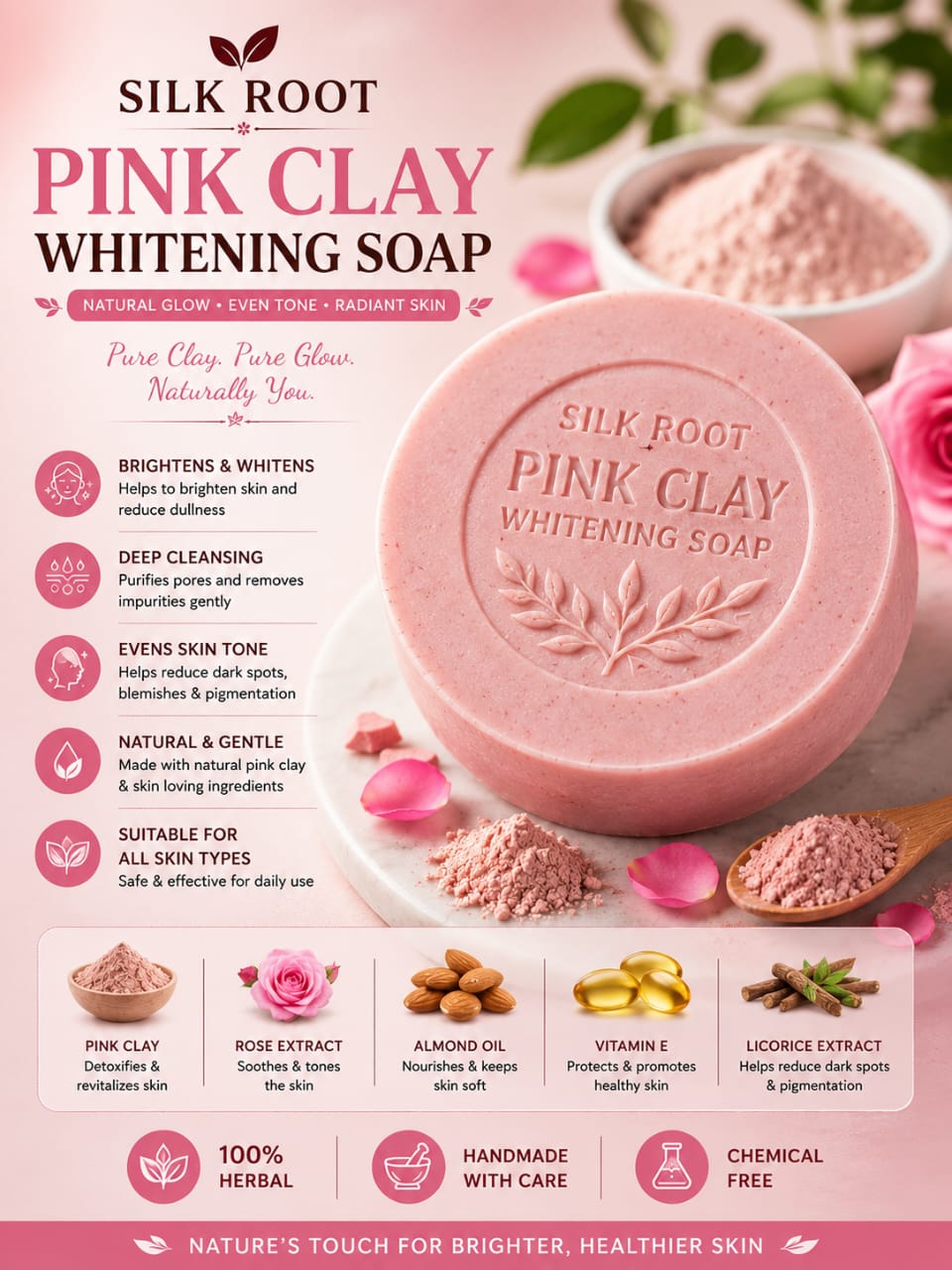 Silk Root Pink Clay Soap – Purifying & Glow Beauty Bar