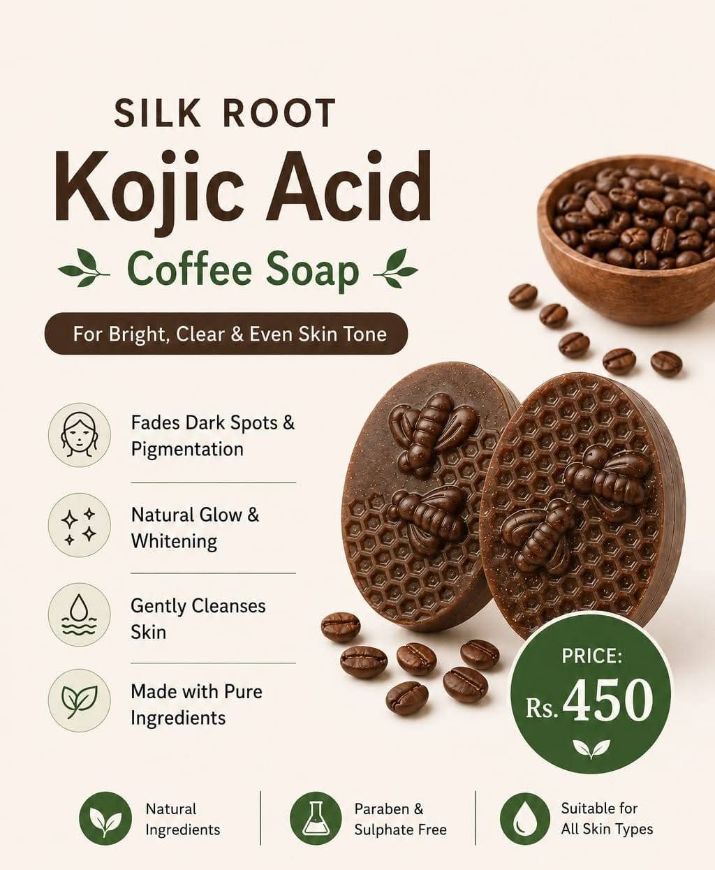 Silk Root Kojic Coffee Soap – Brightening & Deep Cleansing Beauty Bar